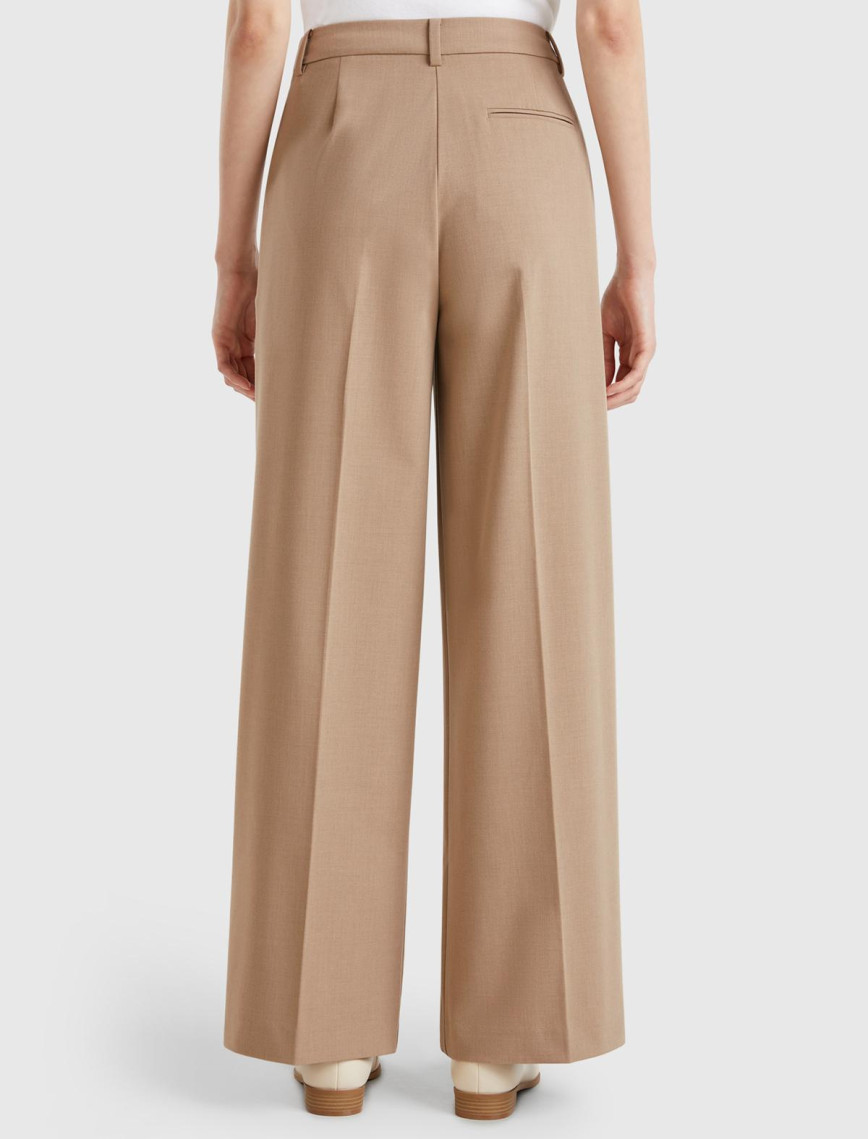 Kadın Bej Streç Kumaşlı Yüksek Bel Wide Leg Pantolon