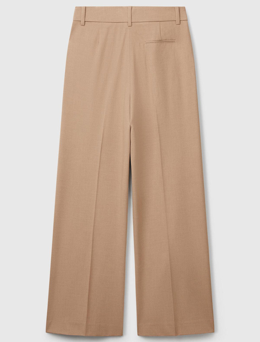 Kadın Bej Streç Kumaşlı Yüksek Bel Wide Leg Pantolon