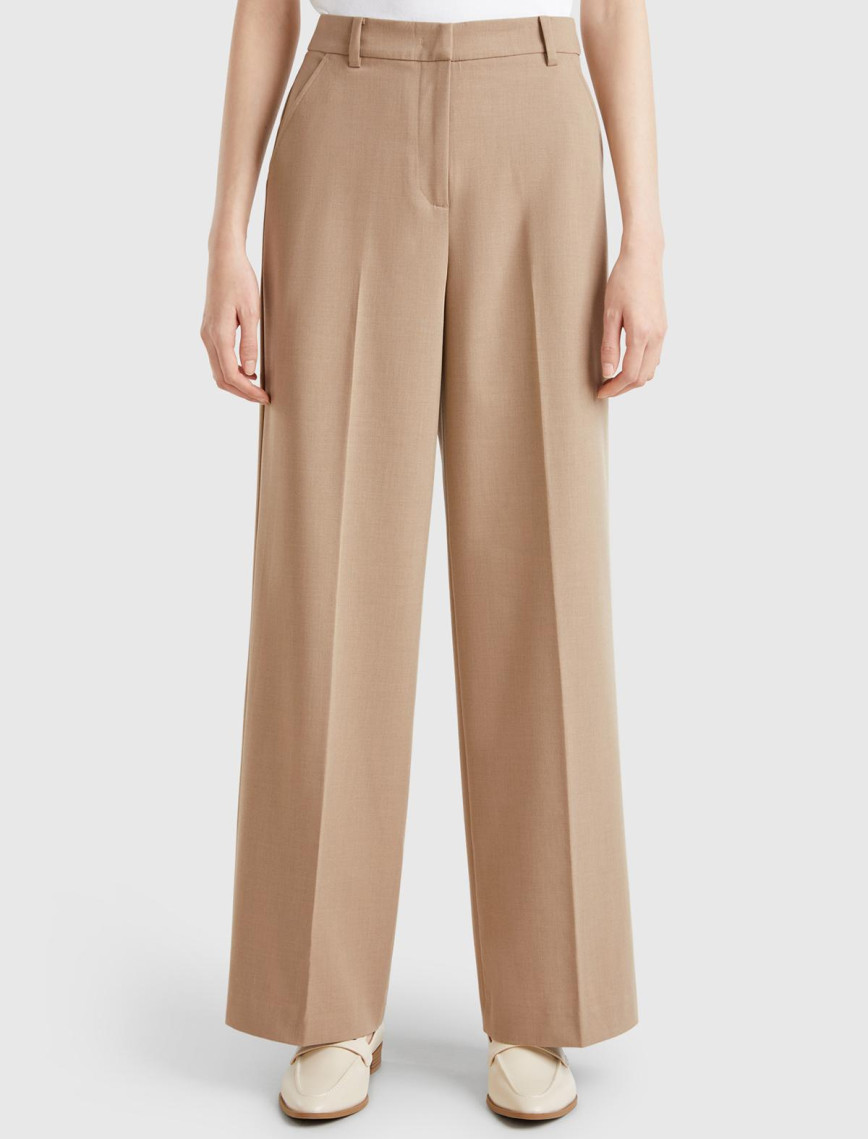 Kadın Lacivert Streç Kumaşlı Yüksek Bel Wide Leg Pantolon