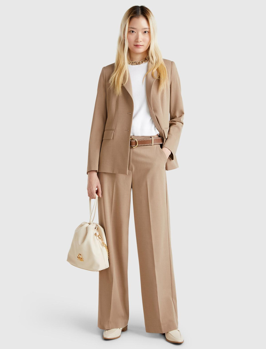 Kadın Bej Streç Kumaşlı Yüksek Bel Wide Leg Pantolon