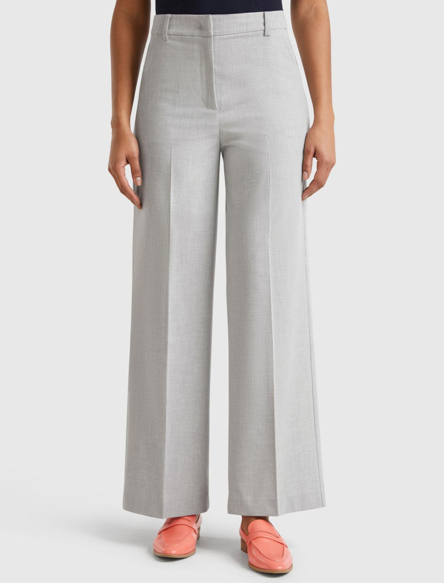 Kadın Gri Streç Kumaşlı Yüksek Bel Wide Leg Pantolon