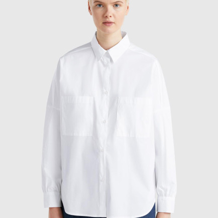 Kadın Beyaz Pamuk Karışımlı Kolu Büzgülü Düşük Omuzlu Oversize Gömlek