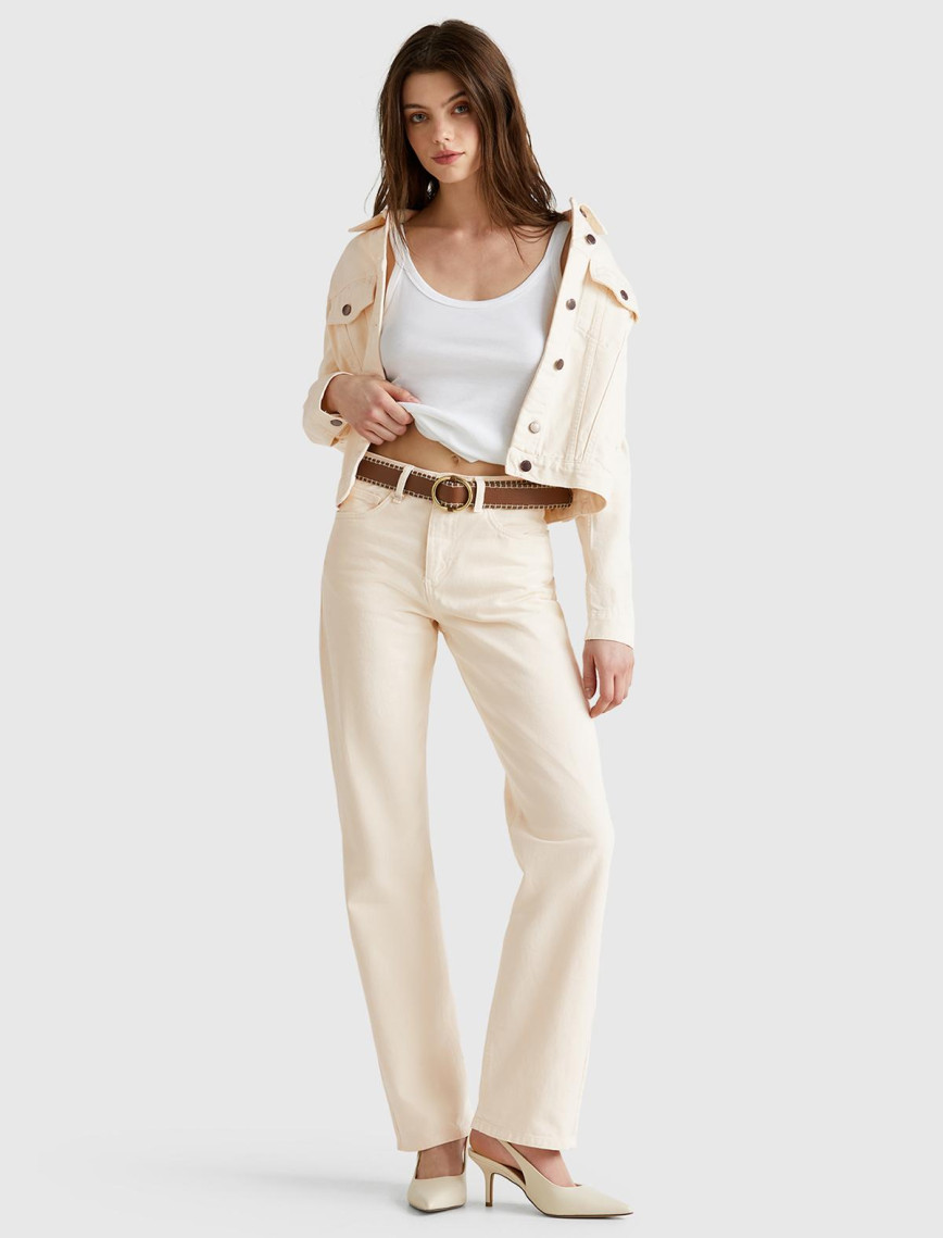 Kadın Krem %100 Pamuk Normal Bel Regular Fit Denim Pantolon