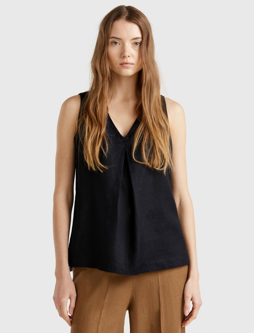 Kadın Taş Rengi %100 Keten V Yaka Kolsuz Geniş Kesim Bluz