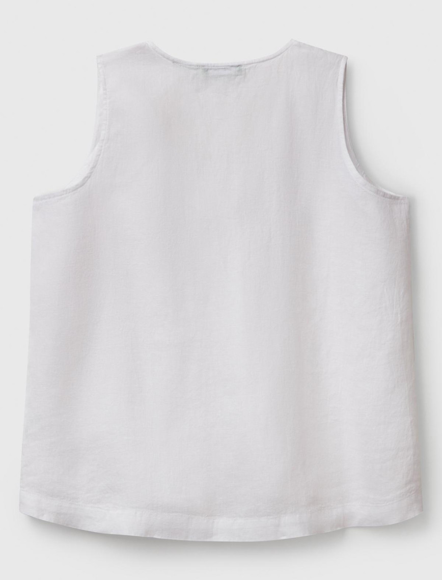 Kadın Beyaz %100 Keten V Yaka Kolsuz Geniş Kesim Bluz