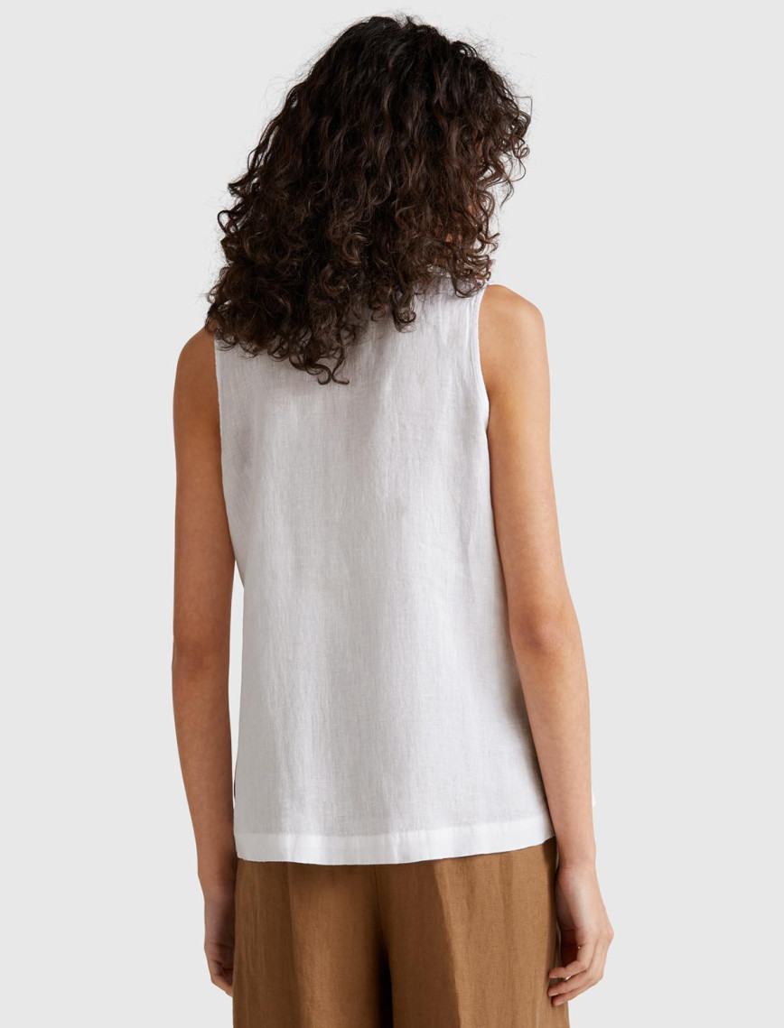 Kadın Beyaz %100 Keten V Yaka Kolsuz Geniş Kesim Bluz