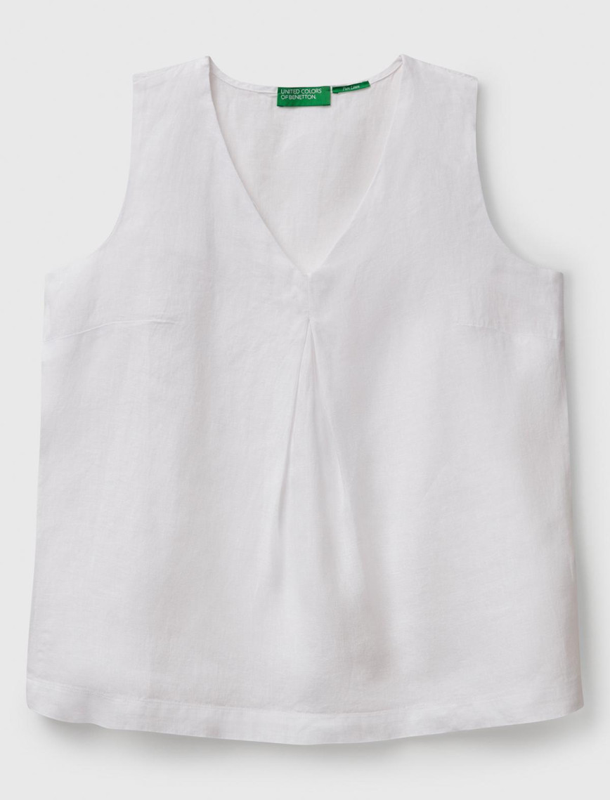 Kadın Beyaz %100 Keten V Yaka Kolsuz Geniş Kesim Bluz