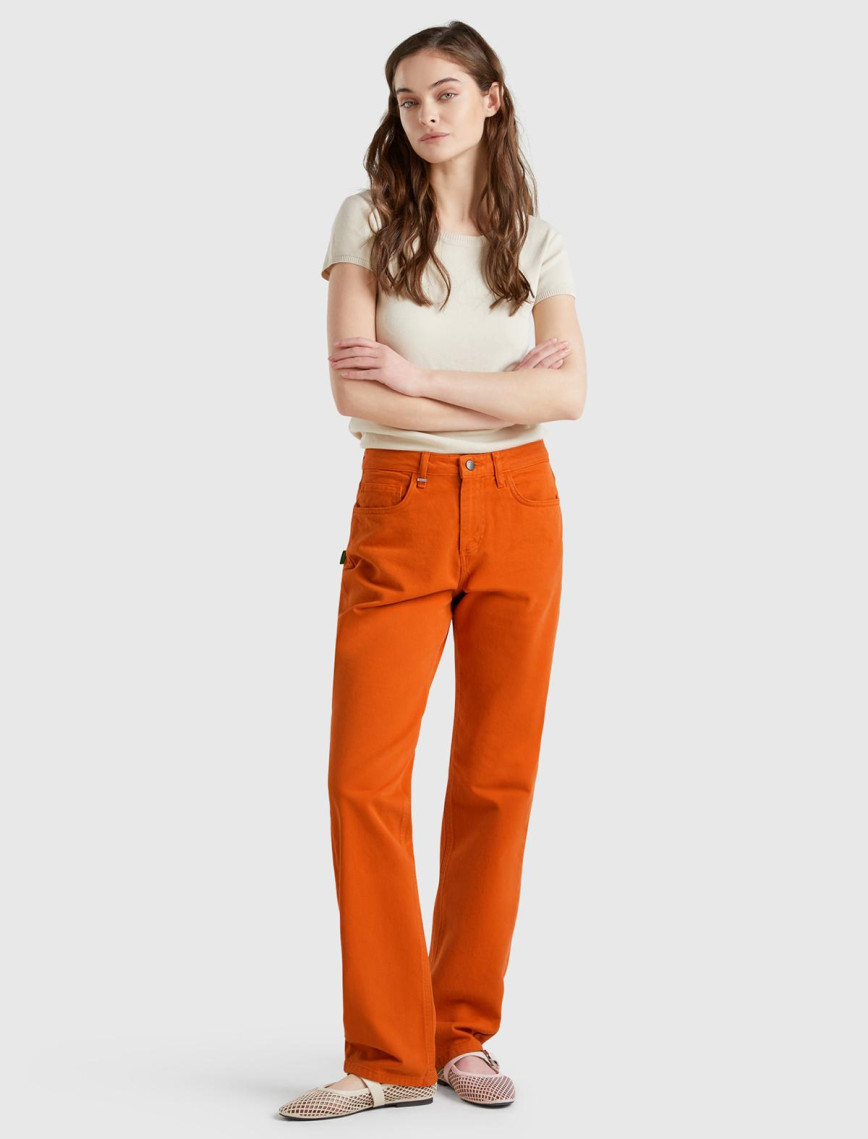 Kadın Turuncu %100 Pamuk Normal Bel Regular Fit Denim Pantolon