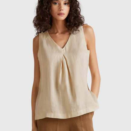 Kadın Taş Rengi %100 Keten V Yaka Kolsuz Geniş Kesim Bluz Kadın Taş Rengi %100 Keten V Yaka Kolsuz Geniş Kesim Bluz