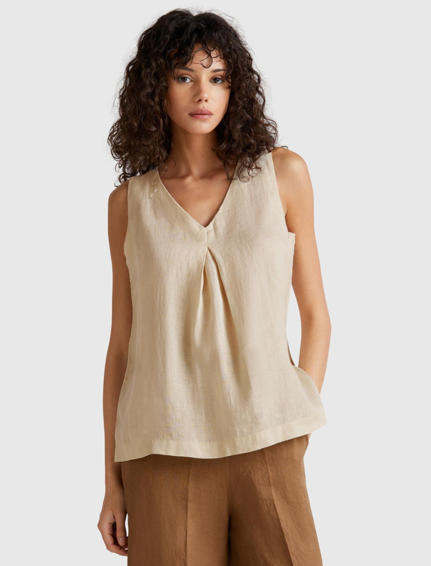 Kadın Taş Rengi %100 Keten V Yaka Kolsuz Geniş Kesim Bluz