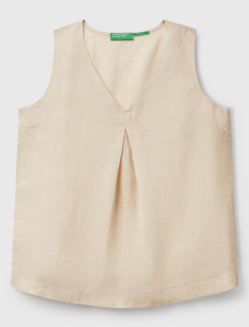 Kadın Taş Rengi %100 Keten V Yaka Kolsuz Geniş Kesim Bluz