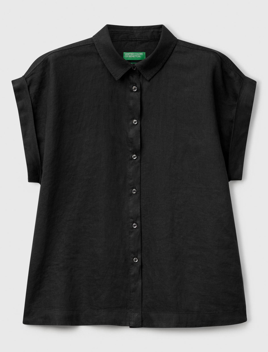 Kadın Siyah %100 Keten Omuz Detaylı Kısa Kollu Gömlek