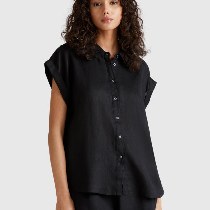 Kadın Siyah %100 Keten Omuz Detaylı Kısa Kollu Gömlek