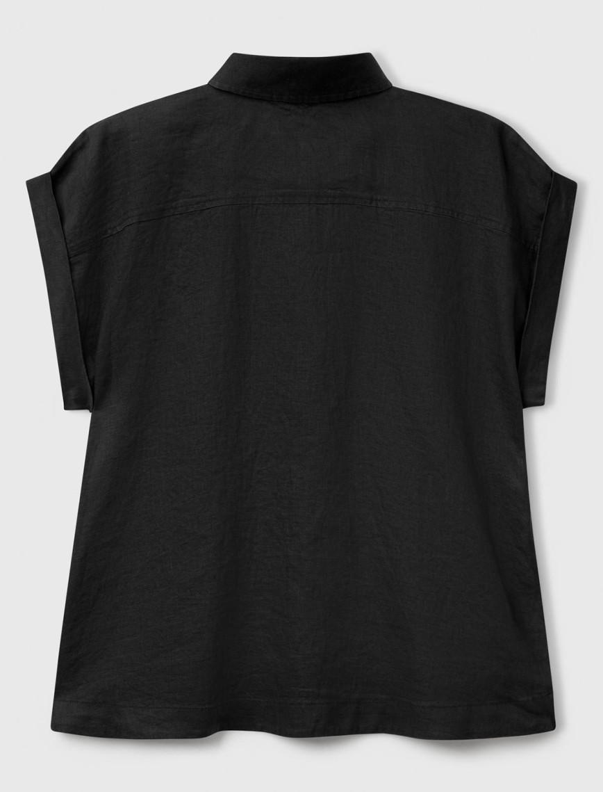 Kadın Siyah %100 Keten Omuz Detaylı Kısa Kollu Gömlek