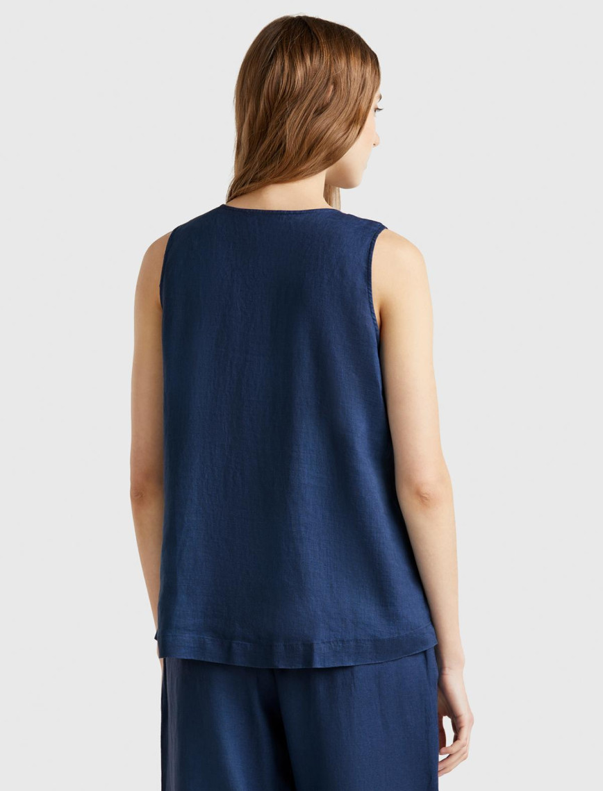 Kadın Denim %100 Keten V Yaka Kolsuz Geniş Kesim Bluz