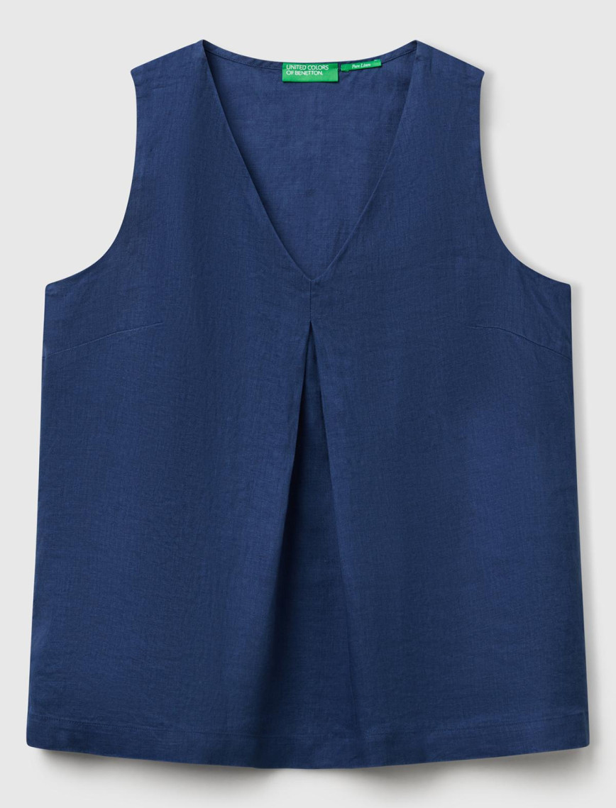 Kadın Denim %100 Keten V Yaka Kolsuz Geniş Kesim Bluz