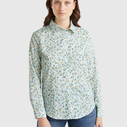 Kadın Yeşil %100 Pamuk Desenli Manşetli Regular Fit Müslin Gömlek