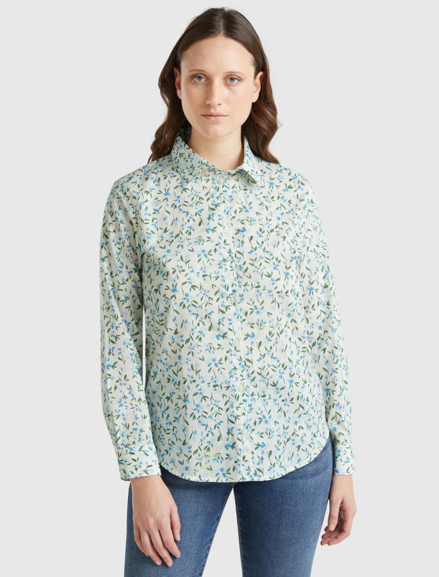 Kadın Mavi %100 Pamuk Desenli Manşetli Regular Fit Müslin Gömlek Kadın Mavi %100 Pamuk Desenli Manşetli Regular Fit Müslin Gömlek