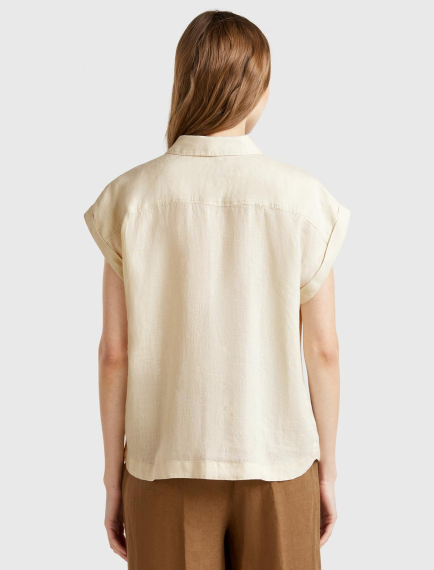 Kadın Taş Rengi %100 Keten Omuz Detaylı Kısa Kollu Gömlek