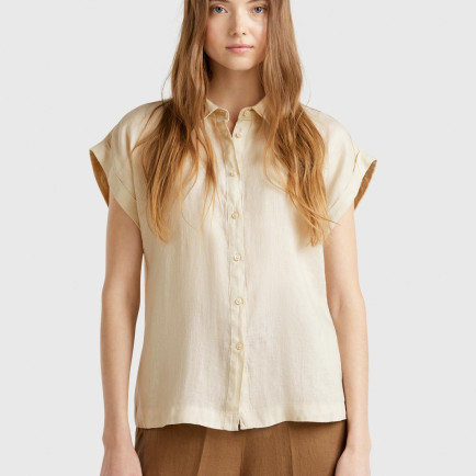 Kadın Taş Rengi %100 Keten Omuz Detaylı Kısa Kollu Gömlek Kadın Taş Rengi %100 Keten Omuz Detaylı Kısa Kollu Gömlek