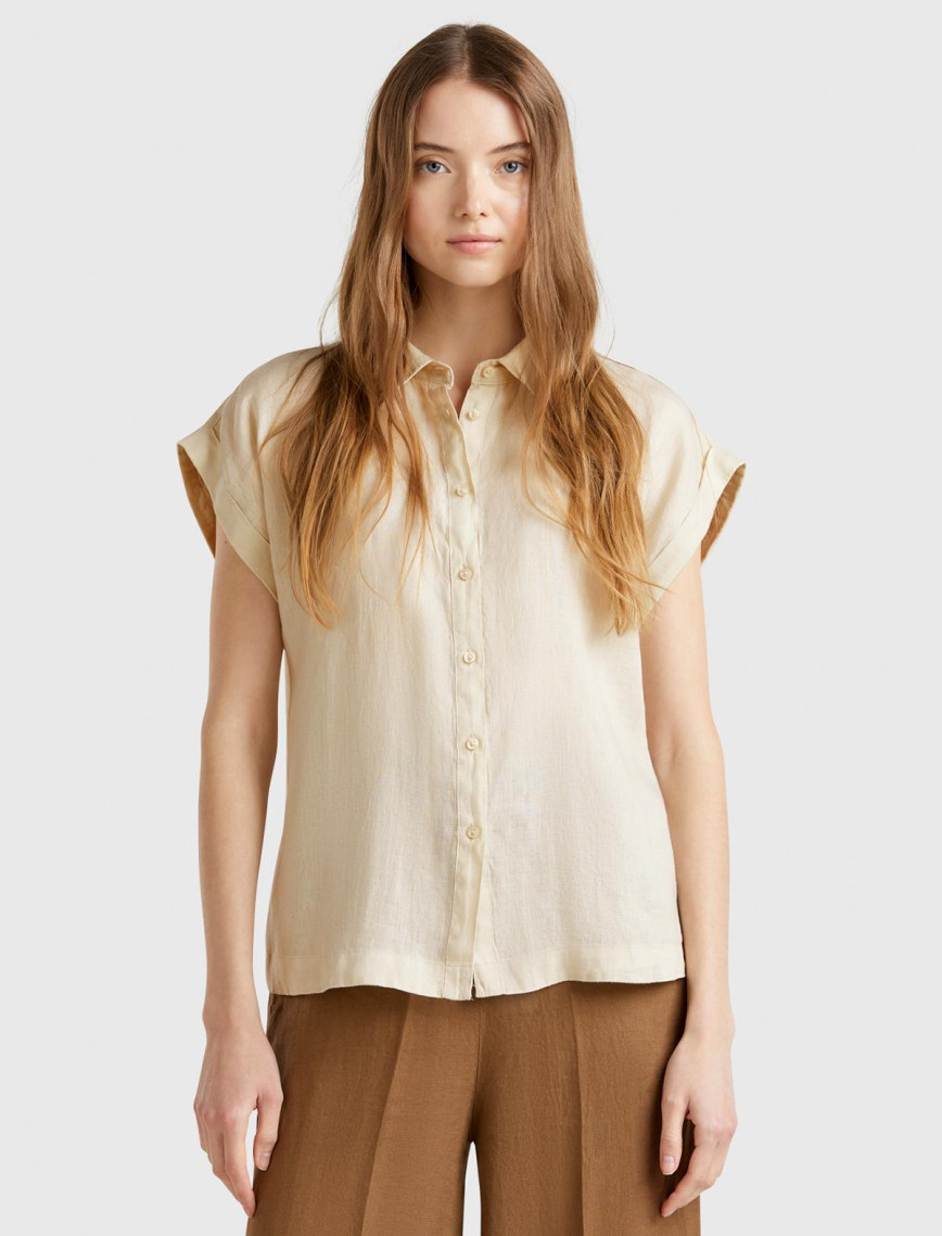 Kadın Taş Rengi %100 Keten Omuz Detaylı Kısa Kollu Gömlek