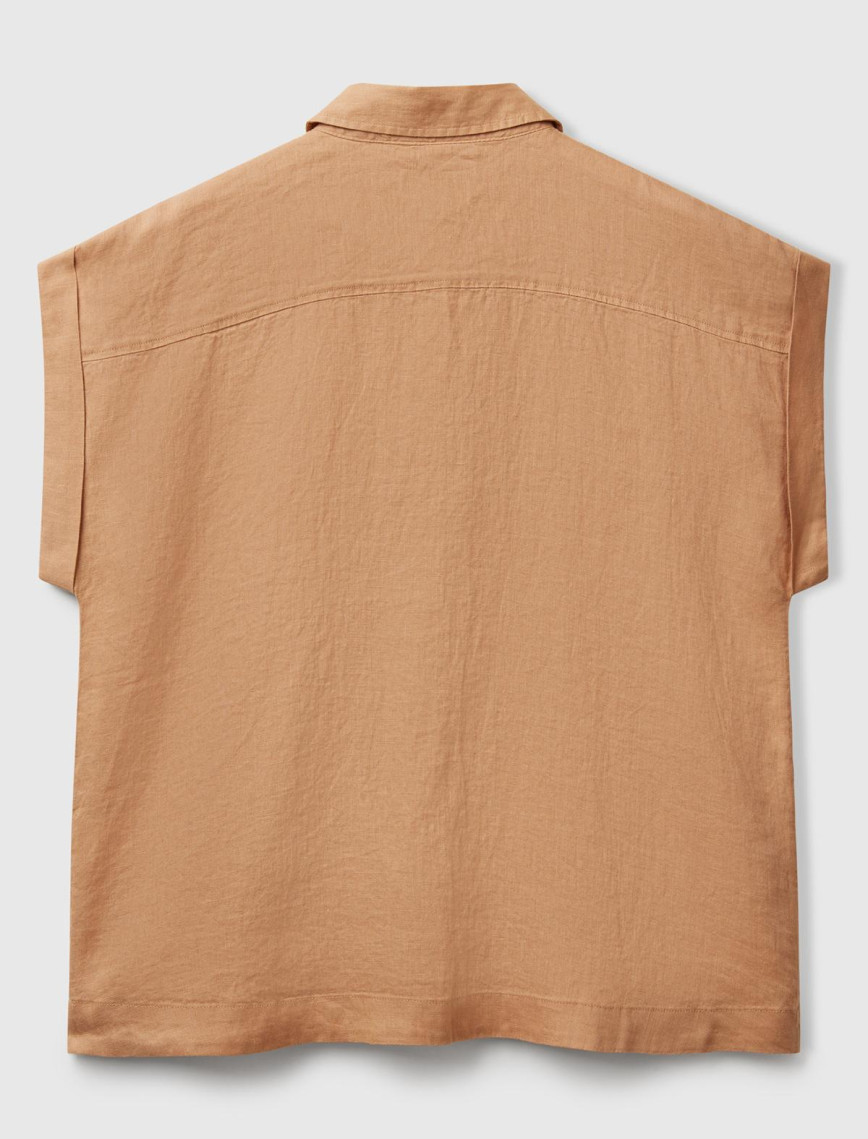 Kadın Bej %100 Keten Omuz Detaylı Kısa Kollu Gömlek