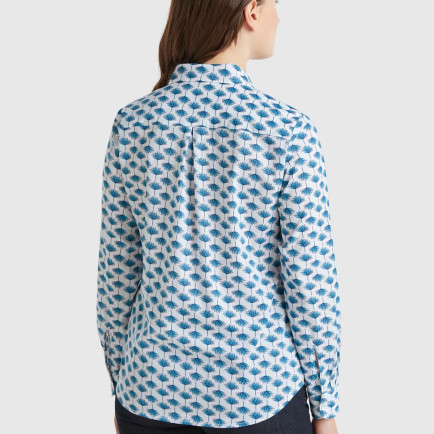 Kadın Mavi %100 Pamuk Desenli Manşetli Regular Fit Müslin Gömlek