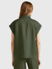 Kadın Haki %100 Keten Omuz Detaylı Kısa Kollu Gömlek
