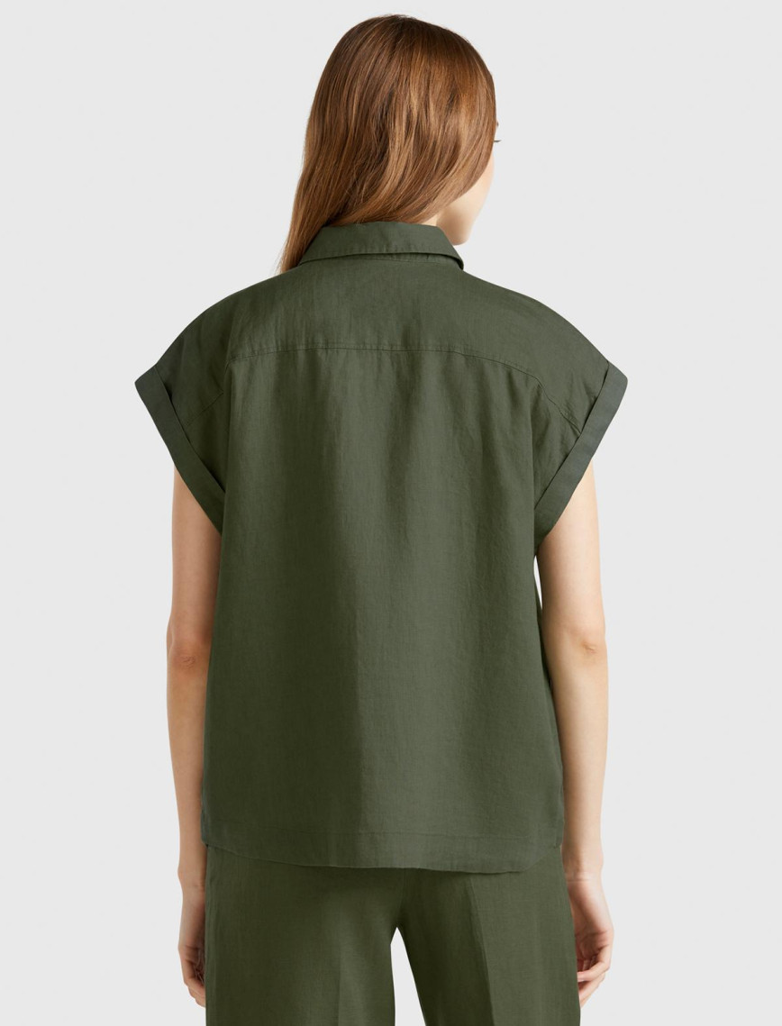 Kadın Haki %100 Keten Omuz Detaylı Kısa Kollu Gömlek