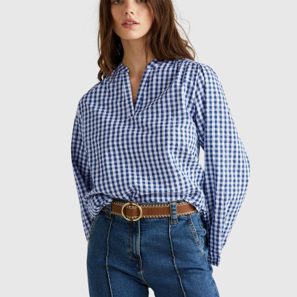 Kadın Mavi %100 Pamuk Pötikareli Relax Fit V Yaka Bluz