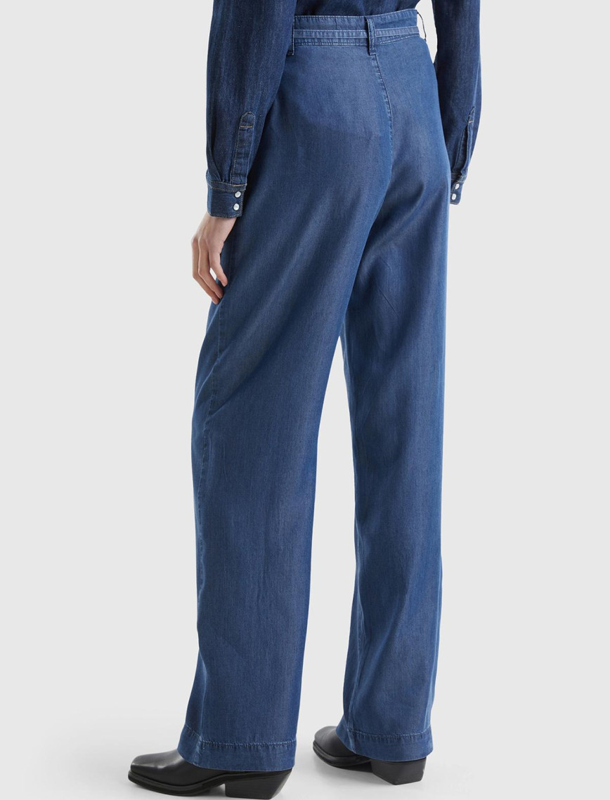 Kadın İndigo %100 Liyosel Kemer Delikli Beli İpli Geniş Paça Pantolon