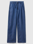 Kadın İndigo %100 Liyosel Kemer Delikli Beli İpli Geniş Paça Pantolon