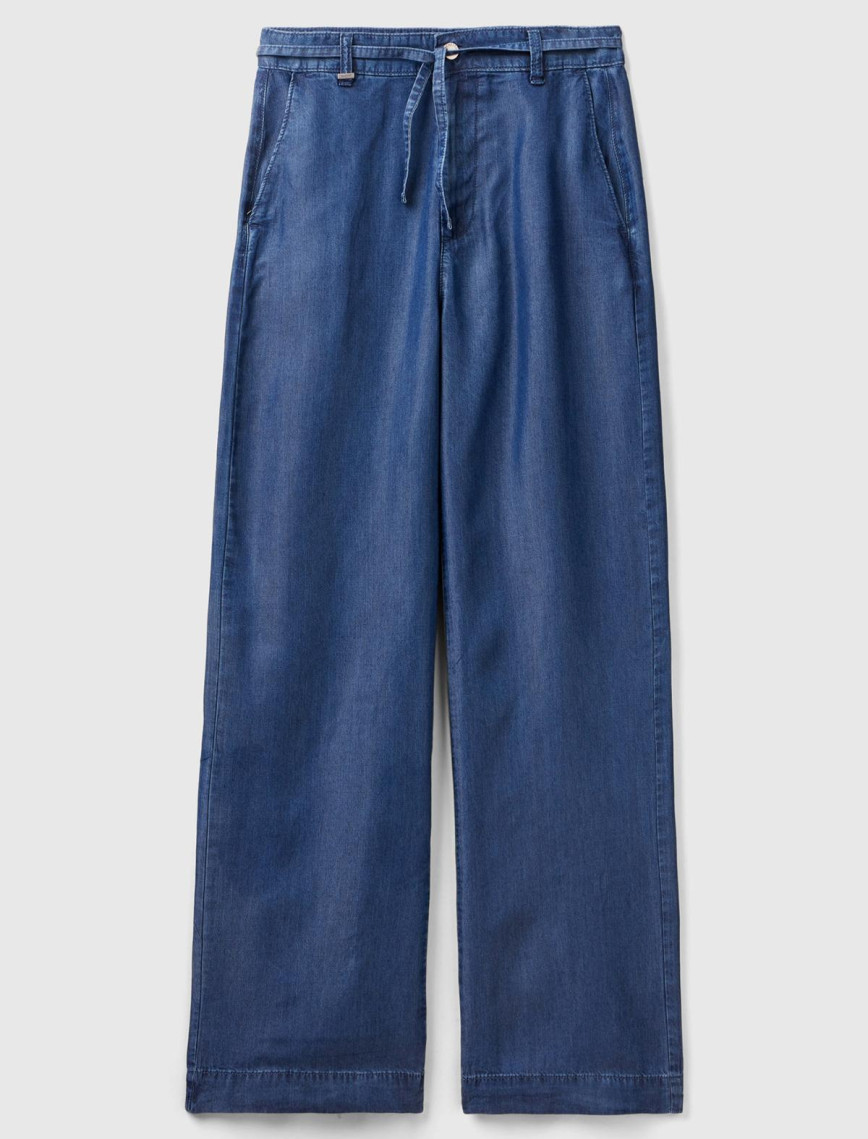 Kadın İndigo %100 Liyosel Kemer Delikli Beli İpli Geniş Paça Pantolon