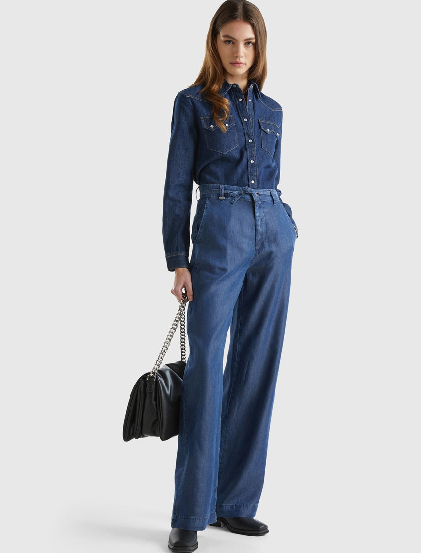 Kadın İndigo %100 Liyosel Kemer Delikli Beli İpli Geniş Paça Pantolon