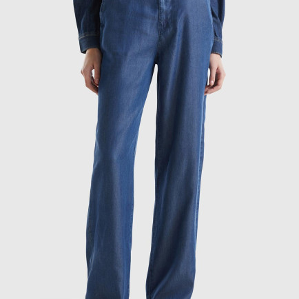 Kadın İndigo %100 Liyosel Kemer Delikli Beli İpli Geniş Paça Pantolon