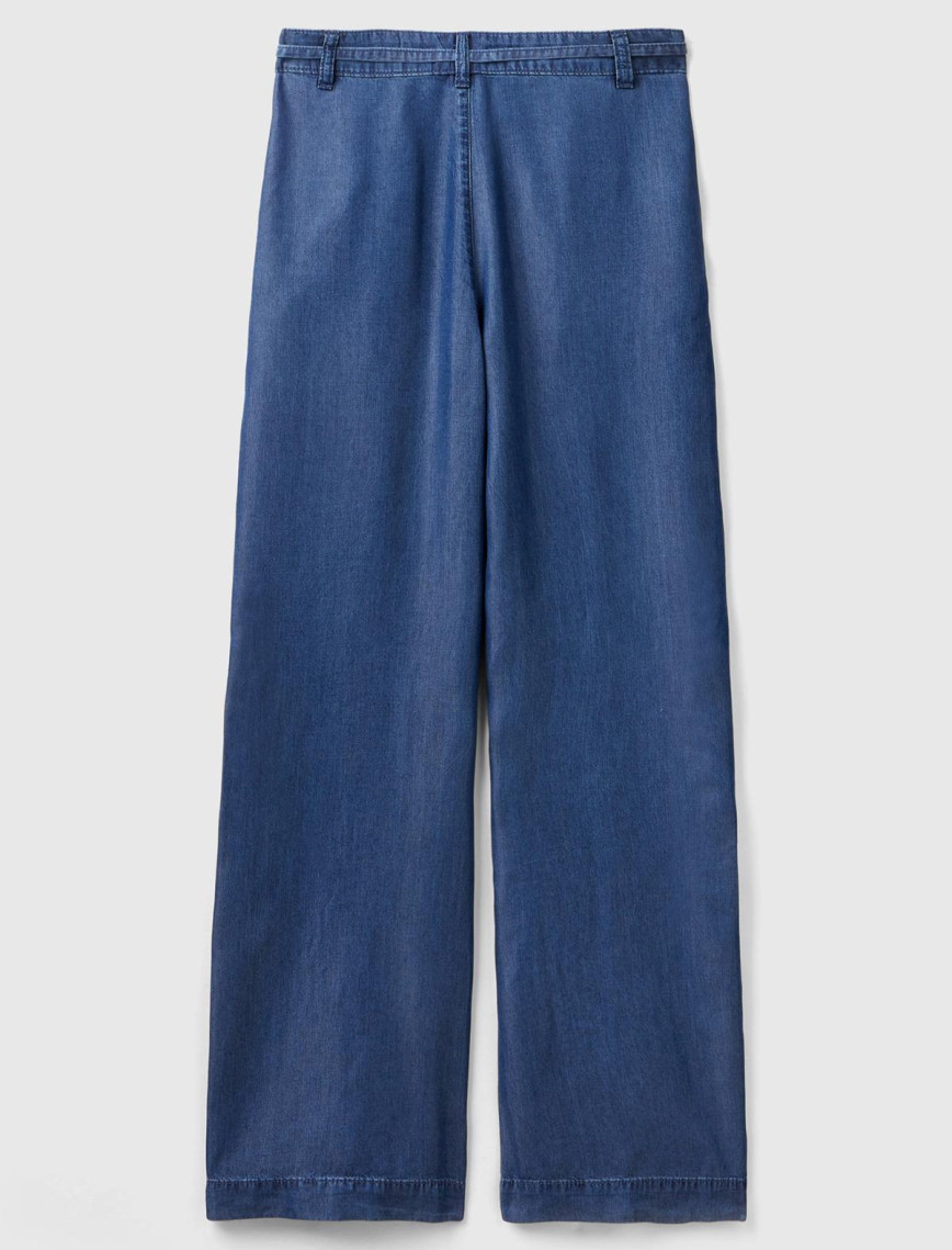 Kadın İndigo %100 Liyosel Kemer Delikli Beli İpli Geniş Paça Pantolon