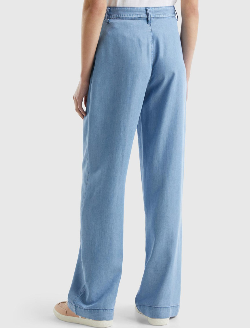 Kadın Mavi %100 Liyosel Kemer Delikli Beli İpli Geniş Paça Pantolon Kadın Mavi %100 Liyosel Kemer Delikli Beli İpli Geniş Paça Pantolon