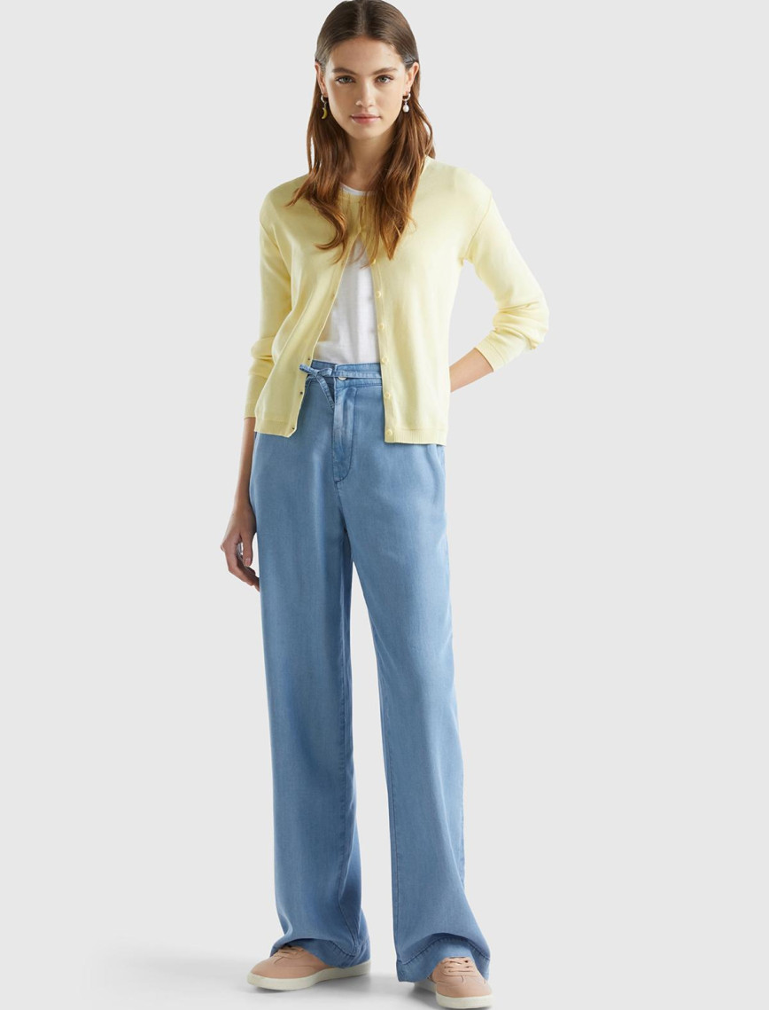 Kadın Mavi %100 Liyosel Kemer Delikli Beli İpli Geniş Paça Pantolon Kadın Mavi %100 Liyosel Kemer Delikli Beli İpli Geniş Paça Pantolon