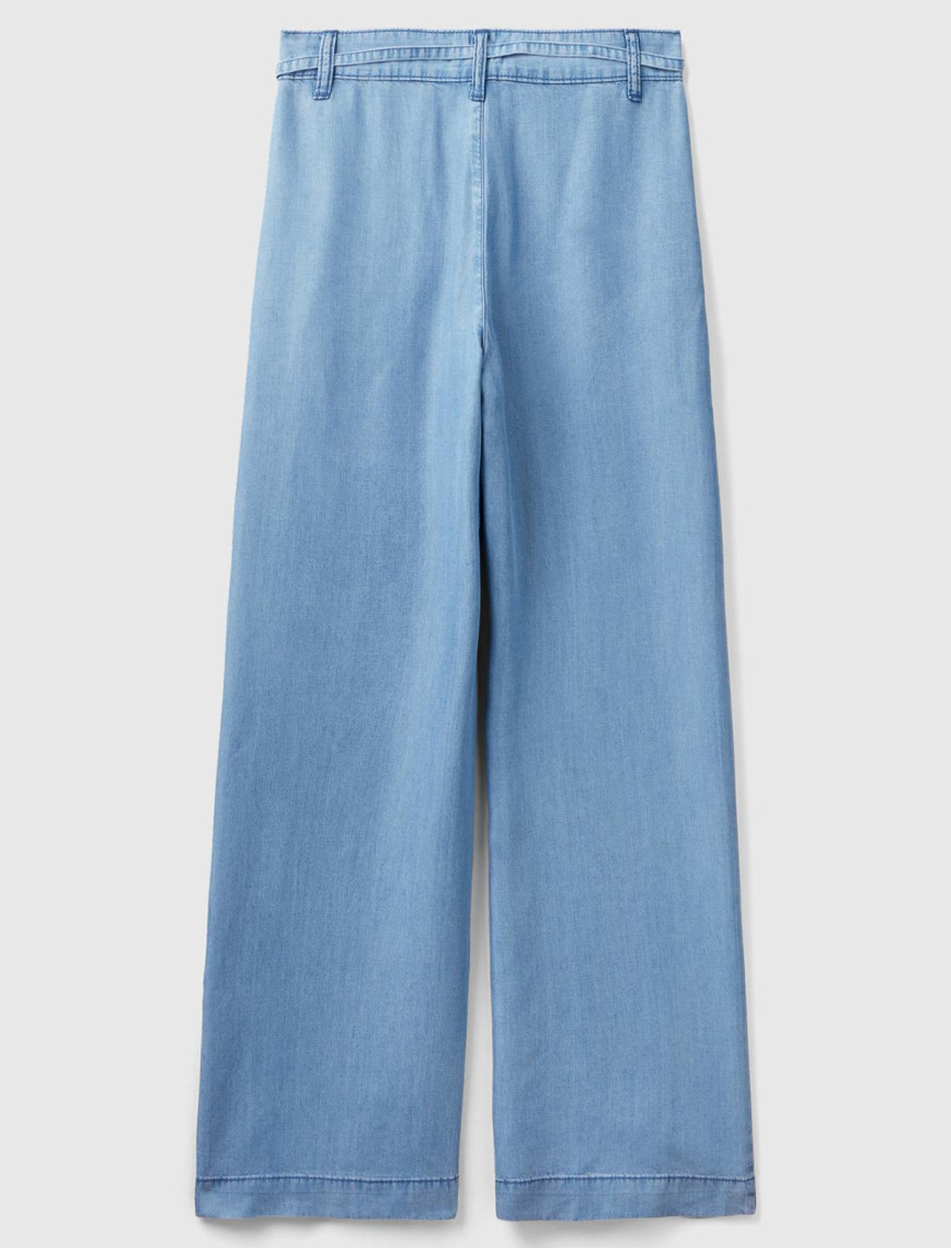 Kadın Mavi %100 Liyosel Kemer Delikli Beli İpli Geniş Paça Pantolon Kadın Mavi %100 Liyosel Kemer Delikli Beli İpli Geniş Paça Pantolon