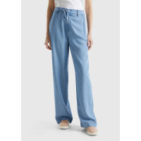 Kadın Mavi %100 Liyosel Kemer Delikli Beli İpli Geniş Paça Pantolon