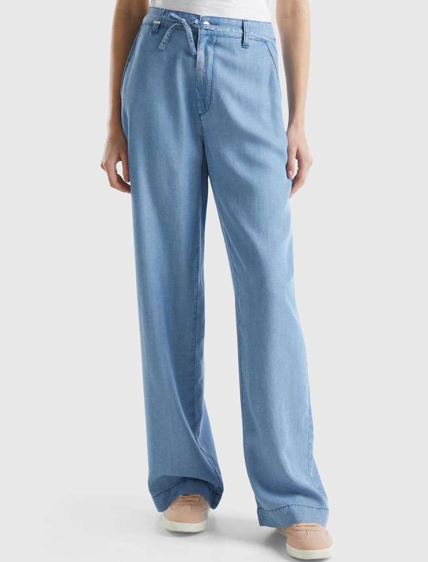 Kadın Mavi %100 Liyosel Kemer Delikli Beli İpli Geniş Paça Pantolon Kadın Mavi %100 Liyosel Kemer Delikli Beli İpli Geniş Paça Pantolon