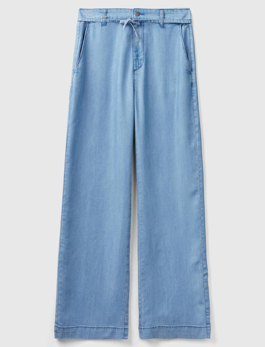 Kadın Mavi %100 Liyosel Kemer Delikli Beli İpli Geniş Paça Pantolon Kadın Mavi %100 Liyosel Kemer Delikli Beli İpli Geniş Paça Pantolon