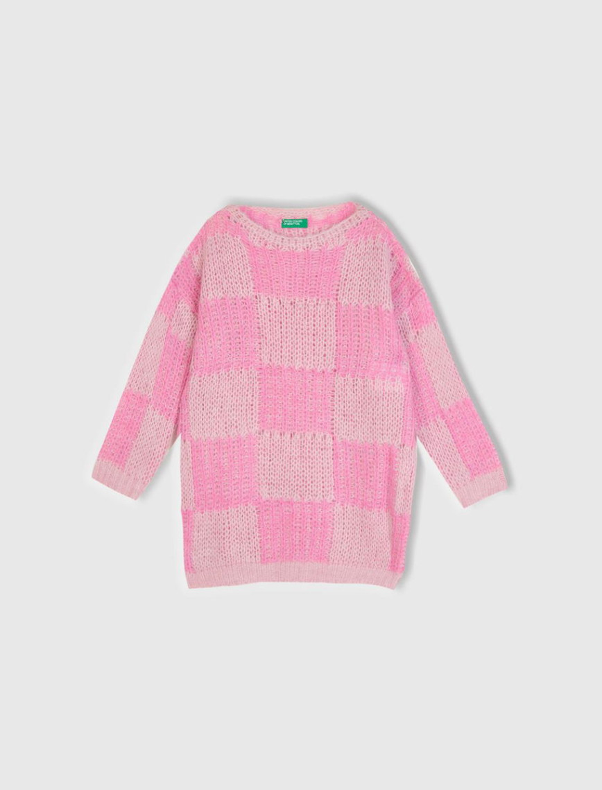 Kız Çocuk Pembe Mix Dama Desenli Kazak Kız Çocuk Pembe Mix Dama Desenli Kazak