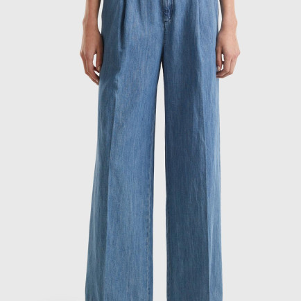 Kadın Mavi Pamuk Karışımlı Önü Pileli Beli Büzgülü Fermuarlı Pantolon