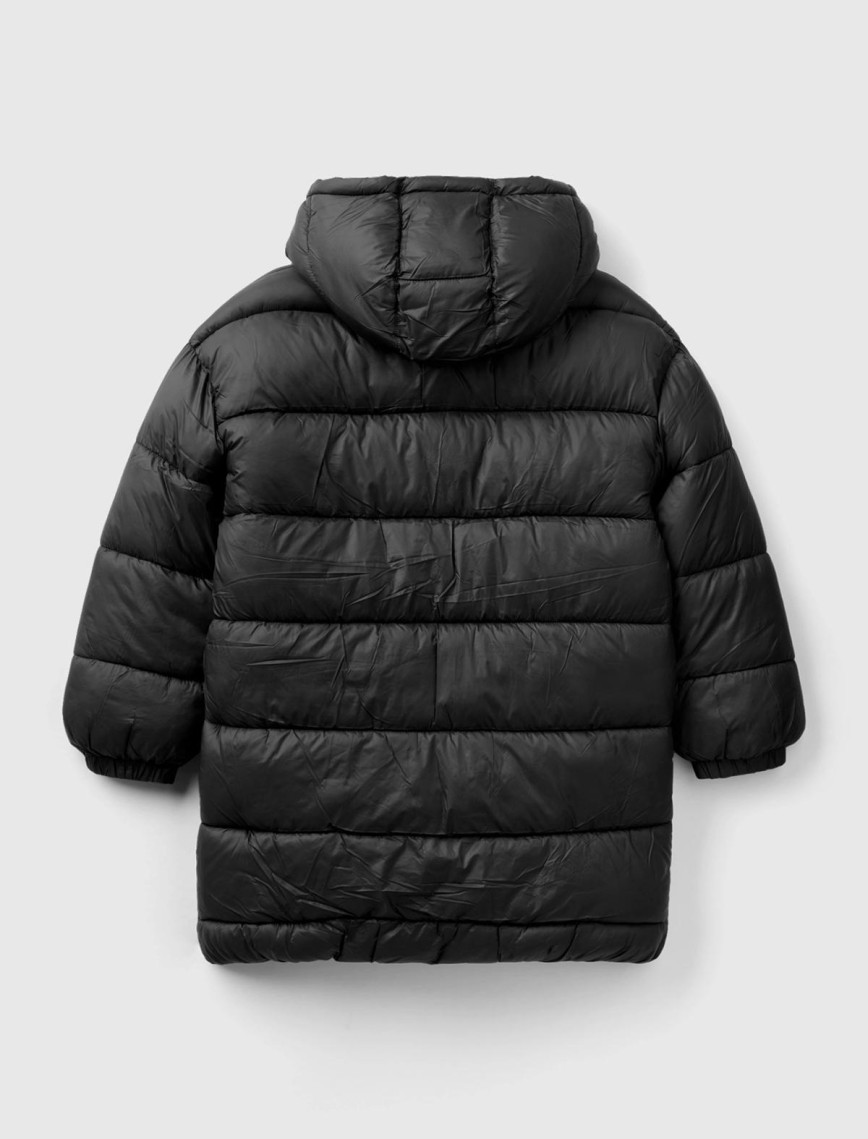 Erkek Çocuk Siyah Benetton Logo İşlemeli Uzun Mont