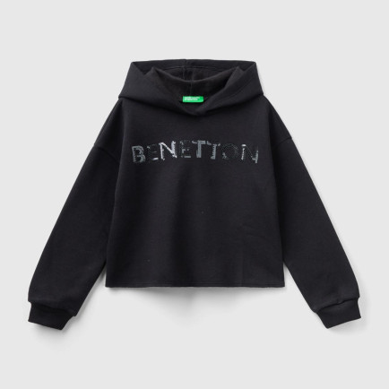 Kız Çocuk Siyah Slogan Baskılı Crop Sweatshirt