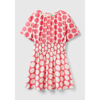Kız Çocuk Pembe Beli Lastikli Puantiye Desenli Elbise