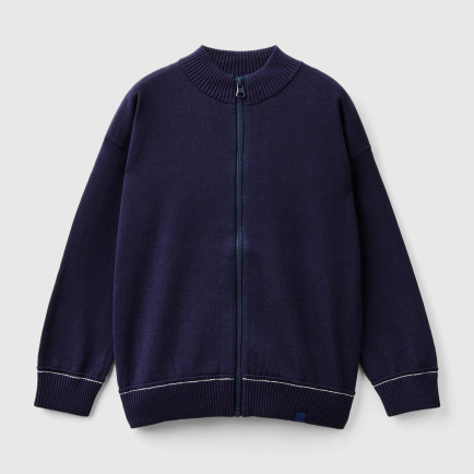 Erkek Çocuk Lacivert Etek Ucu Logo Detaylı Fermuarlı Dik Yaka Hırka