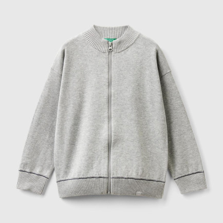 Erkek Çocuk Gri Melanj Etek Ucu Logo Detaylı Fermuarlı Dik Yaka Hırka