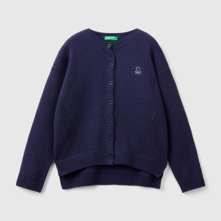 Kız Çocuk Lacivert Önü Düğmeli Nervür Detaylı Hırka